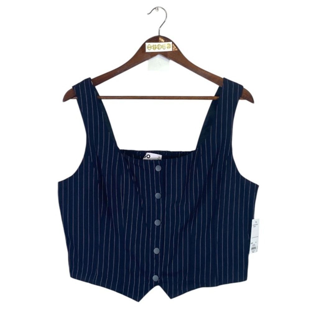 SO brand navy white pin strip vest elastic back snap feature // XL